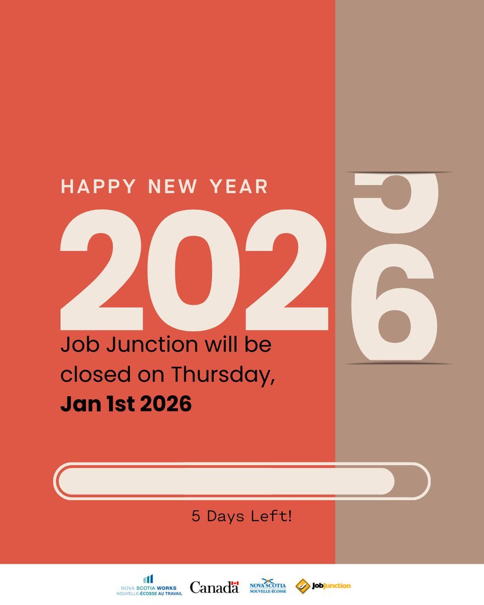 Job_Junction's tweet image. New Year’s Day Closure Reminder
Job Junction will be closed on Jan 1 for New Year’s Day.
Plan ahead, and wishing everyone a happy start to the new year!

#HolidayHours #NovaScotiaWorks #JobJunction #HFXCommunity