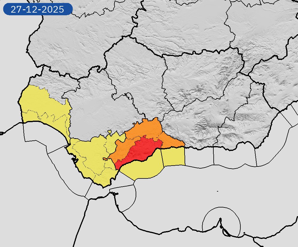 AEMET_Andalucia's tweet photo. 27/12 21:00 AVISOS HOY Y MAÑANA | Andalucía: lluvias, tormentas y costeros. Nivel máximo de aviso: rojo.
Actualizaciones en https://t.co/Dfanf8vdfH https://t.co/YbrrSaRrYF