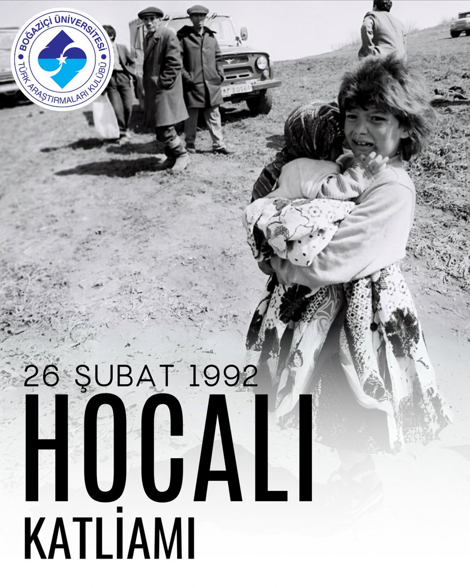 26 Şubat 1992'de Karabağ Savaşı sürerken Azerbaycan'a bağlı Hocalı köyünde 83'ü çocuk 613 sivilin Ermeni askerleri tarafından derileri yüzülerek, canlı canlı yakılarak ve gözleri oyularak hunharca öldürüldüğü Hocalı Soykırımını unutmayacağız, unutturmayacağız.