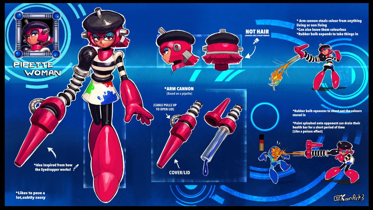 KornArt3's tweet image. ROBOT MASTER DESIGN - PIPETTE WOMAN
She can steal the colours of any object or being and use that to shoot it out! The colours splashed on anyone can drain their health down!   

Pen name - KornArt  
#MegaManDO #DesignARobotMaster