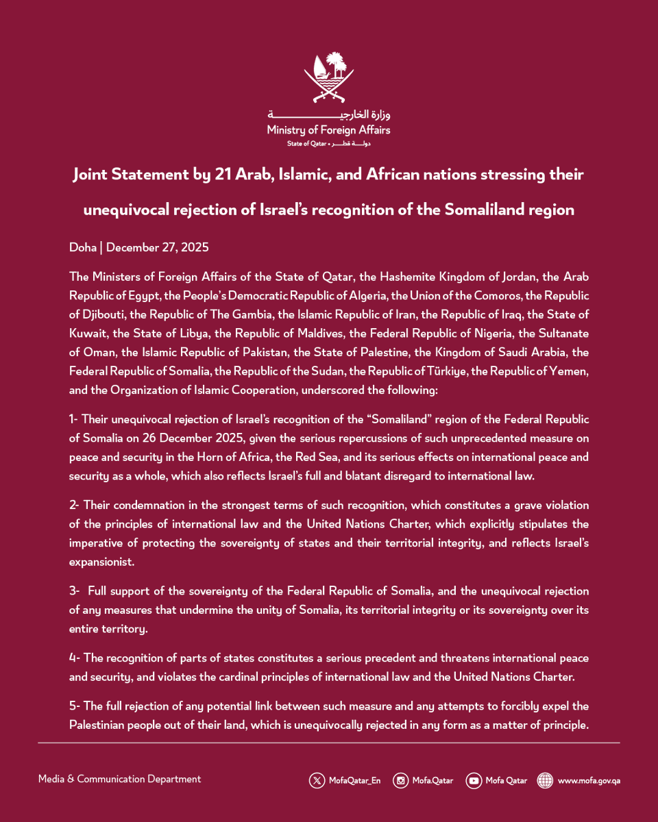 Joint Statement by 21 Arab, Islamic, and African nations stressing their unequivocal rejection of Israel’s recognition of the Somaliland region

#MOFAQatar