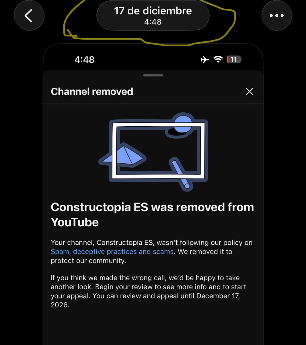 ConstructopiaES's tweet photo. Hello @TeamYouTube, hope you had a nice Christmas vacation! Following up on our case: It's been 10 days since our channel "Constructopia ES" was incorrectly deleted. 3.1K subs, 30+ educational videos about El Salvador's infrastructure, approved monetization - all lost.
But our English channel „Constructopia“ with some identical content was NOT banned.
We are kindly requesting human review - this appears to be an automated error.

To clarify: We uploaded a video as unlisted (not public), then re-uploaded it with an edit a bit later (also unlisted). About one hour later, the channel was terminated for "spam" etc. (See screenshots)