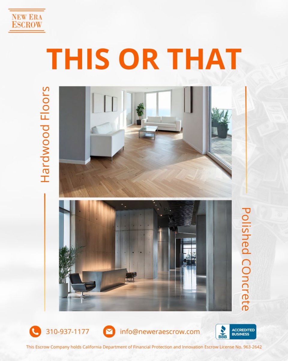 neweraescrow_'s tweet image. Hardwood warmth or polished concrete edge. Every design choice shapes value and first impressions.

Which would you choose? 🏡✨

#ThisOrThat #DesignMatters #PropertyValue #RealEstateDesign #NewEraEscrow