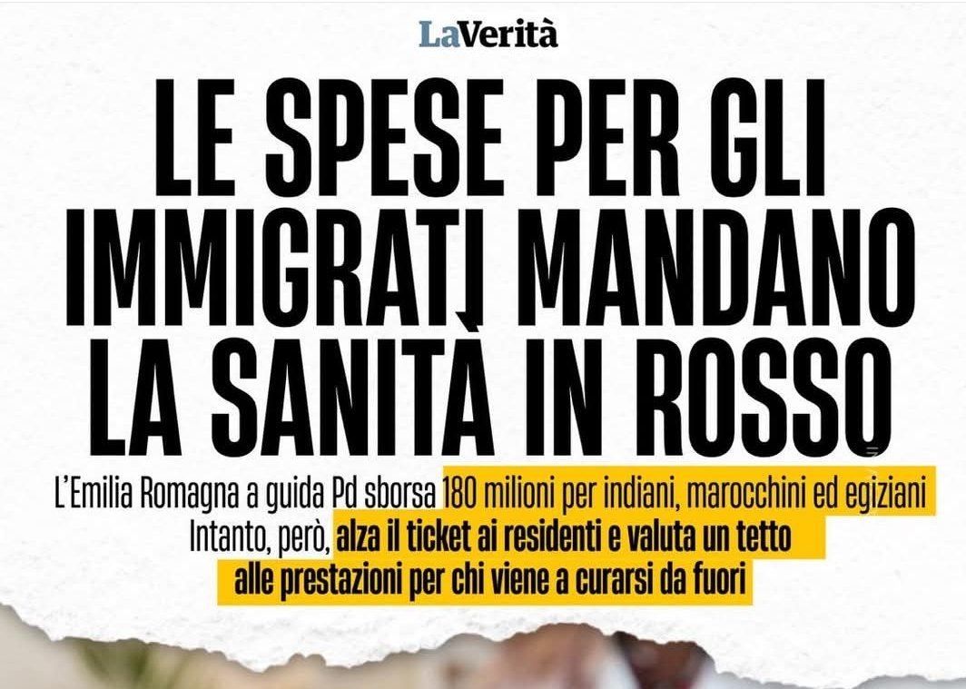 sconnesso_'s tweet photo. LE SPESE PER GLI IMMIGRATI MANDANO LA SANITÀ IN ROSSO🔴
L’Emilia-Romagna (a guida pd) sborsa 180 mln per indiani, marocchini ed egiziani. 
Però alza il ticket per i residenti e valuta un tetto alle prestazioni per chi arriva a curarsi da fuori regione https://t.co/lhivWSA64R