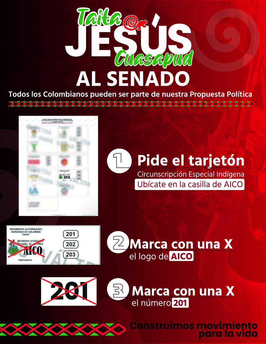 JesusCuasapud's tweet photo. 🟢🔴⚫️

¿Qué significa votar por #AICO201? 🗳

Significa respaldar un liderazgo indígena con recorrido, que llevará la voz de las comunidades al Senado de la República y construirá país desde los derechos colectivos.

🗓 Este próximo de marzo, 🫵🏽 vota AICO 201 ✖️ https://t.co/0T7bGUF9QJ