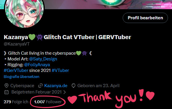 Auch, wenn es hier gerade X wieder brennt, möchte ich mich trotzdem für über 1.000 Follower hier auf der Plattform bedanken! 💚🥹

Und alle alle meine VTuber Kollegen da draußen, egal ob betroffen oder nicht:
Ihr seid alle toll! 💖