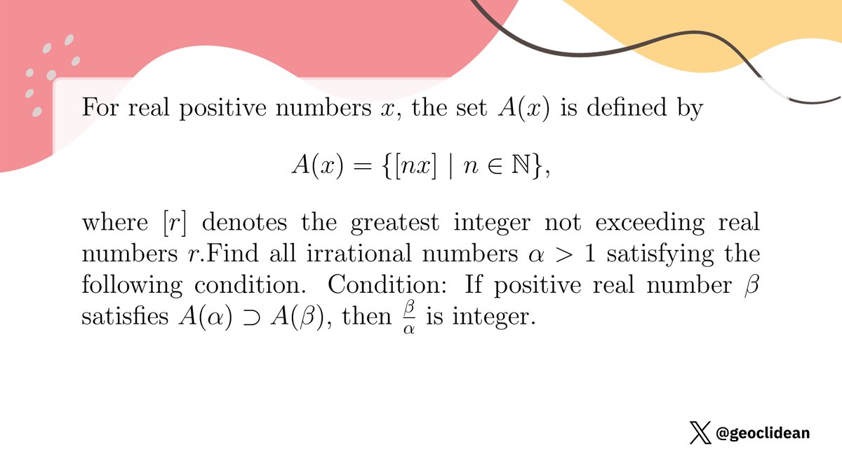 geoclidean's tweet photo. Irrational number alpha, beta s.t.  [n beta]\in [n alpha]
#Search #FloorFunction #ArithmeticSequence #NumberTheoryProposed #NumberTheory https://t.co/dF0rE7Opys