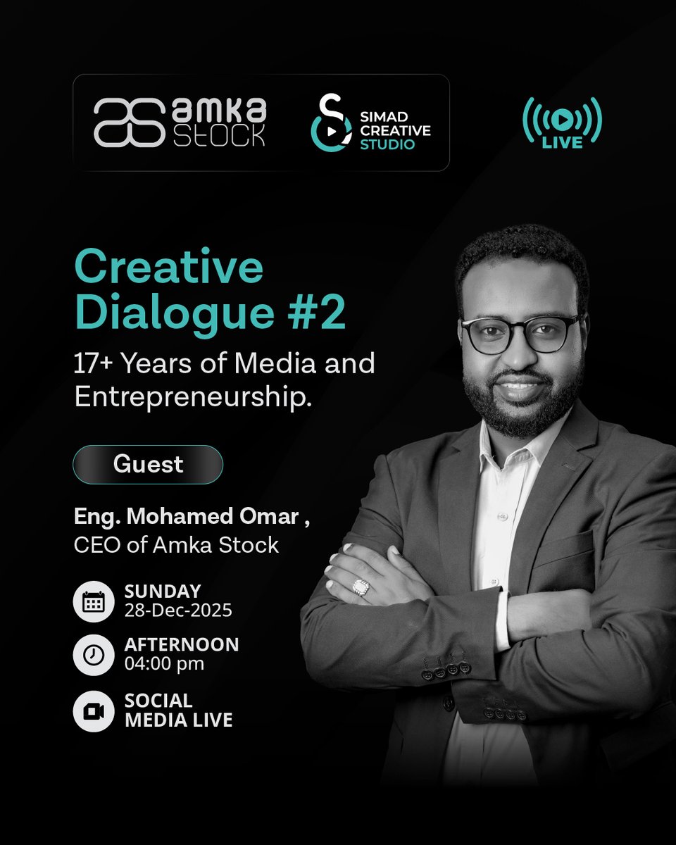 AmkaStock's tweet photo. Good news 📢

The CEO of Amka Stock, Eng. Mohamed Omar, will be a guest on Creative Dialogue #2.

A LIVE discussion sharing insights and experience from 17+ years in the industry.

📅 28 Dec | 4:00 PM https://t.co/GQD3IC4lN2