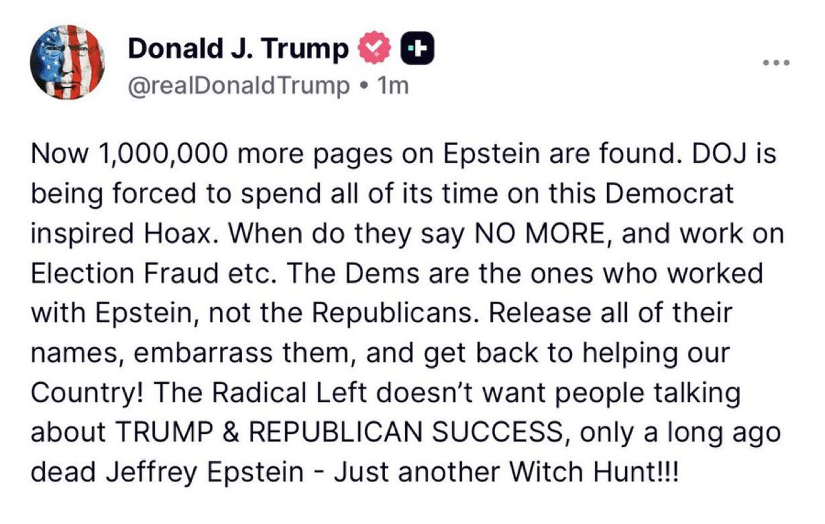 TomJChicago's tweet image. Trump has resorted to screaming “DON’T LOOK OVER HERE!” on his Epstein cover-up. They tried to hide 1 million files from NY. He knows there are videos of him from the raid of Epstein‘s mansion on:
-40 computers
-26 storage drives
-70 CDs
It’s time for 20 R Senators to say they…