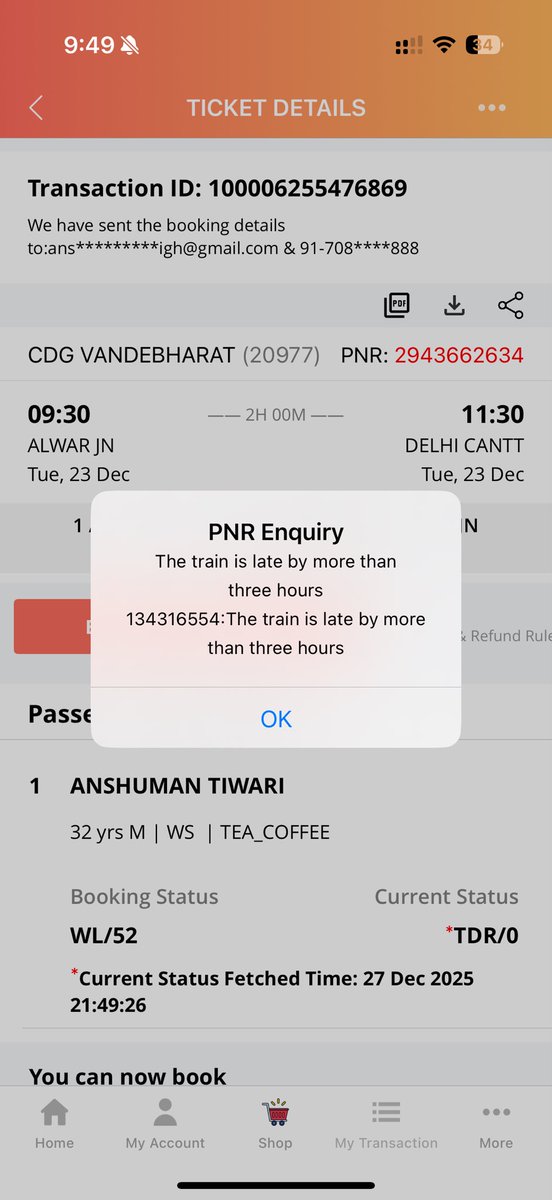 anshuman_2018's tweet photo. @RailMinIndia @AshwiniVaishnaw I have not travelled due to delay in train running status more than 3 hours. How my TDR rejected. I need an action against TC who marked me present. I request for my refund and an action against my EDR Repudiation. https://t.co/MOhz54Yh7s
