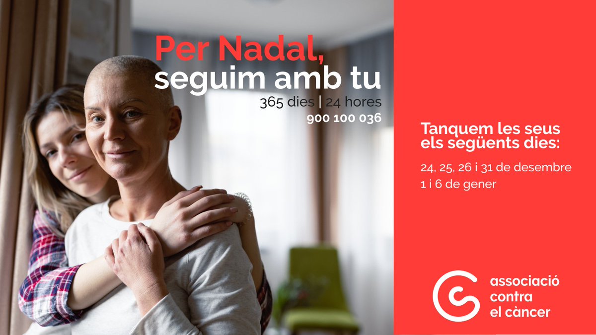 L’Associació Contra el Càncer a Barcelona romandrà tancada els dies 24 i 31/12 i els festius 25, 26/12, 1 i 6/01.
Recorda que no estàs sol/a: Infocàncer està disponible 24/7 al 📞 900 100 036. Som amb tu.