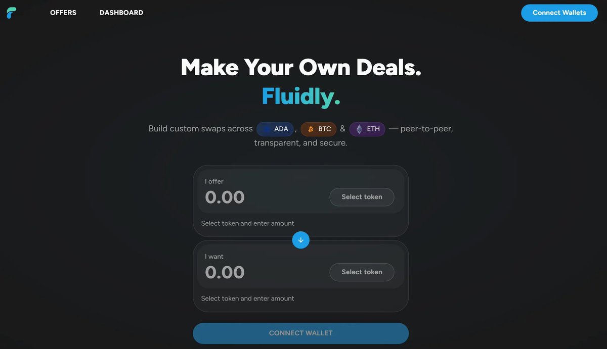 FluidTokens's tweet image. Custom swaps across $ADA, $BTC and $ETH are coming to Cardano.

Introducing Fluidly 🔁

Peer-to-peer, transparent and secure.