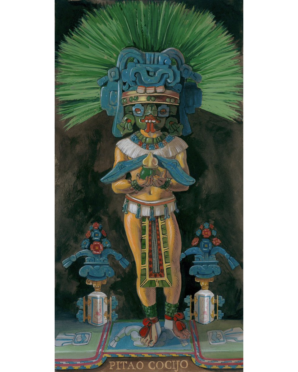 MiCorazonMexica's tweet image. Pitao Cocijo, Rain and lightning for the Ñuu Savi (often called Zapotec). I painted Him as a retablo, standing on an altar with offerings. Prints here: etsy.com/listing/968431…