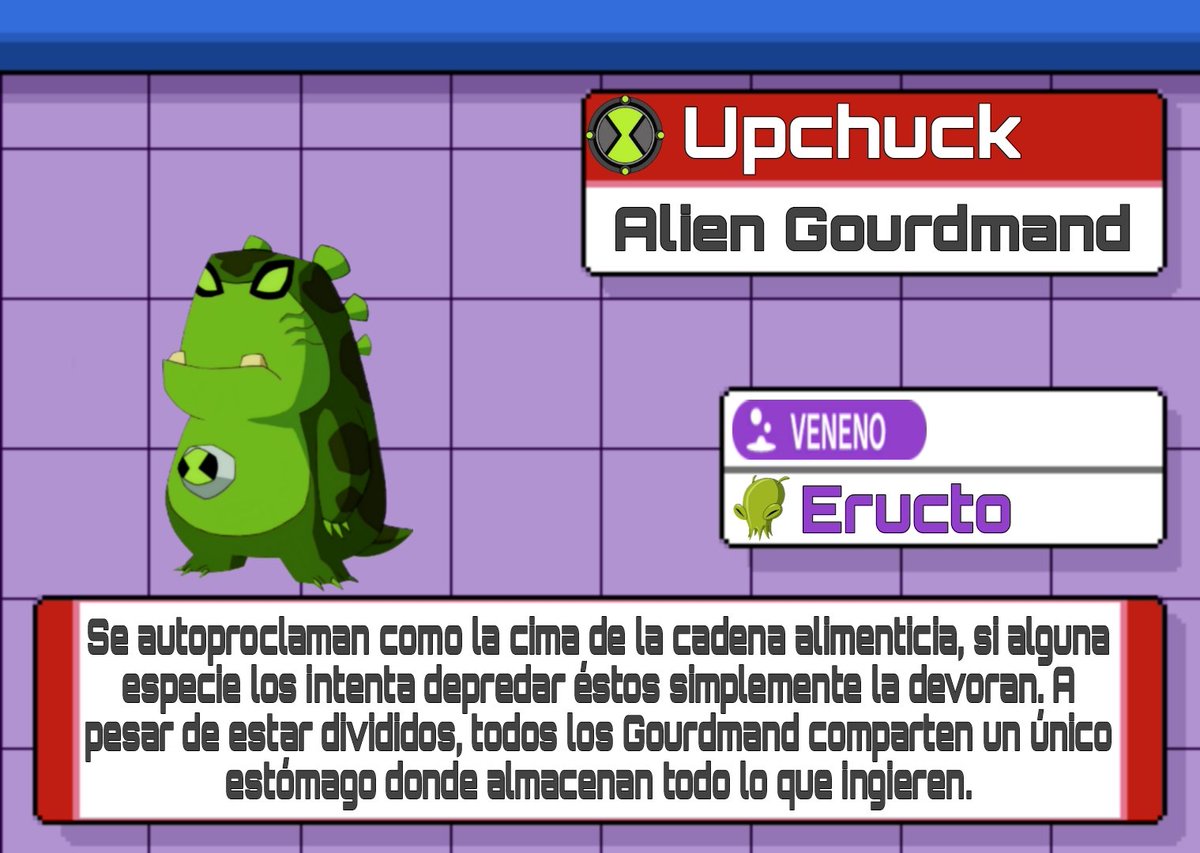 DemurerCell's tweet photo. Omnidex No. 018: Upchuck 

Me gustó la idea de hacerlo como Gastrodon y que las subespecies no influyan en sus tipos, estadísticas ni habilidades. Aunque para diferenciarlos un poco les dí movesets ligeramente distintos pero conservando casi la misma estructura.
#ReviveBen10 https://t.co/Is9WNEMBbG