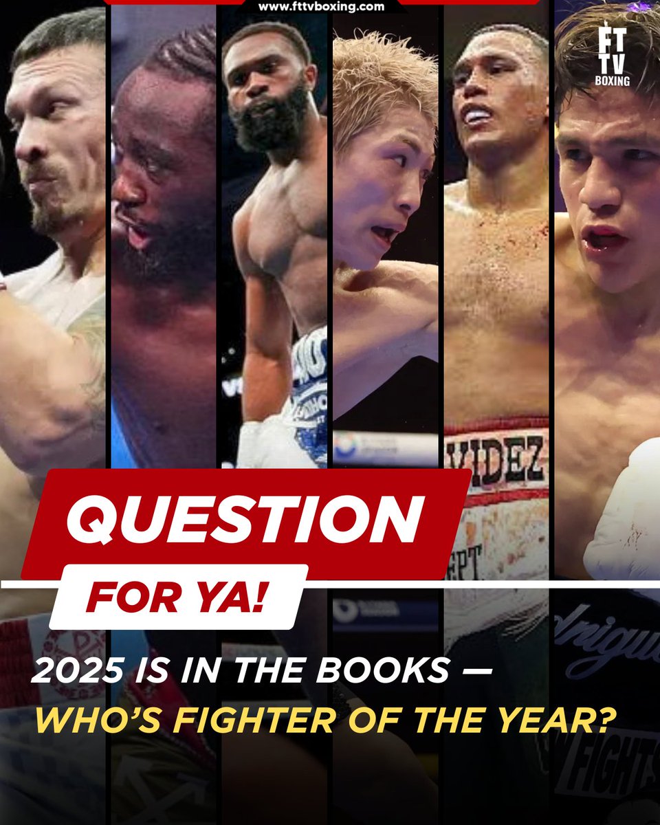 FTTVBoxing's tweet photo. Fighter of the Year 2025 — who gets it?
Inoue–Picasso closes out the last big fight of the year.
So it’s only right to ask one final time.
Bud Crawford
Naoya Inoue
Oleksandr Usyk
David Benavidez
Jaron “Boots” Ennis
Jesse “Bam” Rodriguez
One name.
#FighterOfTheYear https://t.co/1n9Y9xn6Yj