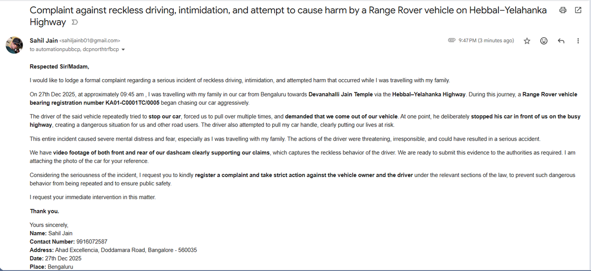 sahilintell's tweet photo. @blrcitytraffic @DgpKarnataka 
A Range Rover KA01-C0001TC/0005 chased our car on Hebbal–Yelahanka highway, repeatedly tried stopping us, blocked our way on highway, and attempted to hit our vehicle. I was travelling with family. Video evidence available.
Request strict action. https://t.co/BXWwMp56BJ