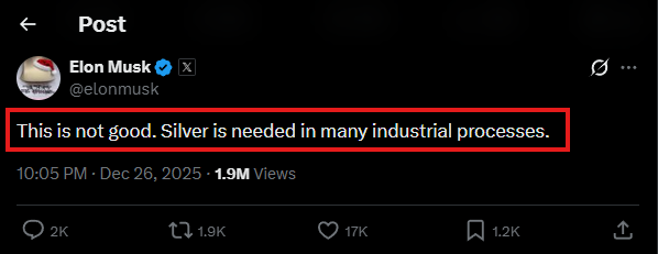KobeissiLetter's tweet photo. ELON MUSK:

"This is not good. Silver is needed in many industrial processes."

Will silver soon enter the trade war? https://t.co/LfpRMFWVvE