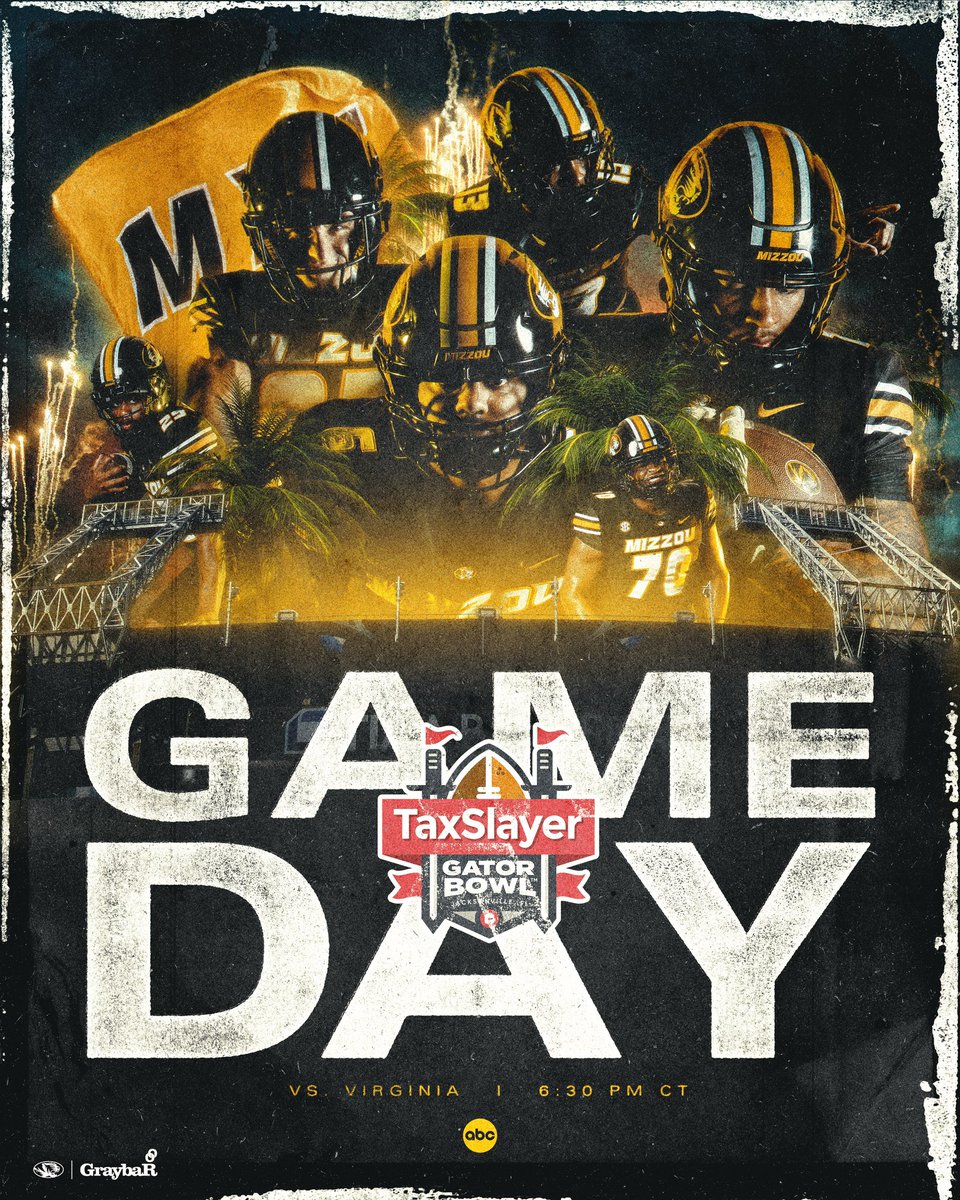 MizzouFootball's tweet photo. It’s GAME DAY in Duval County 🗣️

🆚 Virginia 
⏰ 6:30 PM CT 
📺 ABC 
📍Jacksonville, FL 

#MIZ | #TheMizzouWay https://t.co/RmAfdB1t7M