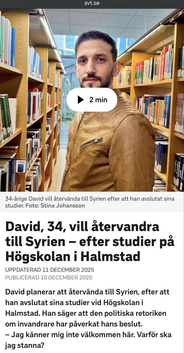 Asylsökaren David, typ: 
”Jag flydde från krig. Nu ska jag bara ta min högskoleexamen som svenska skattebetalare finansierat och sedan flytta hem igen, eftersom svenskar har börjat ställa krav på invandrare och är trötta på massmigration = rasism.”

Ok, hejdå.
Håll dig borta.