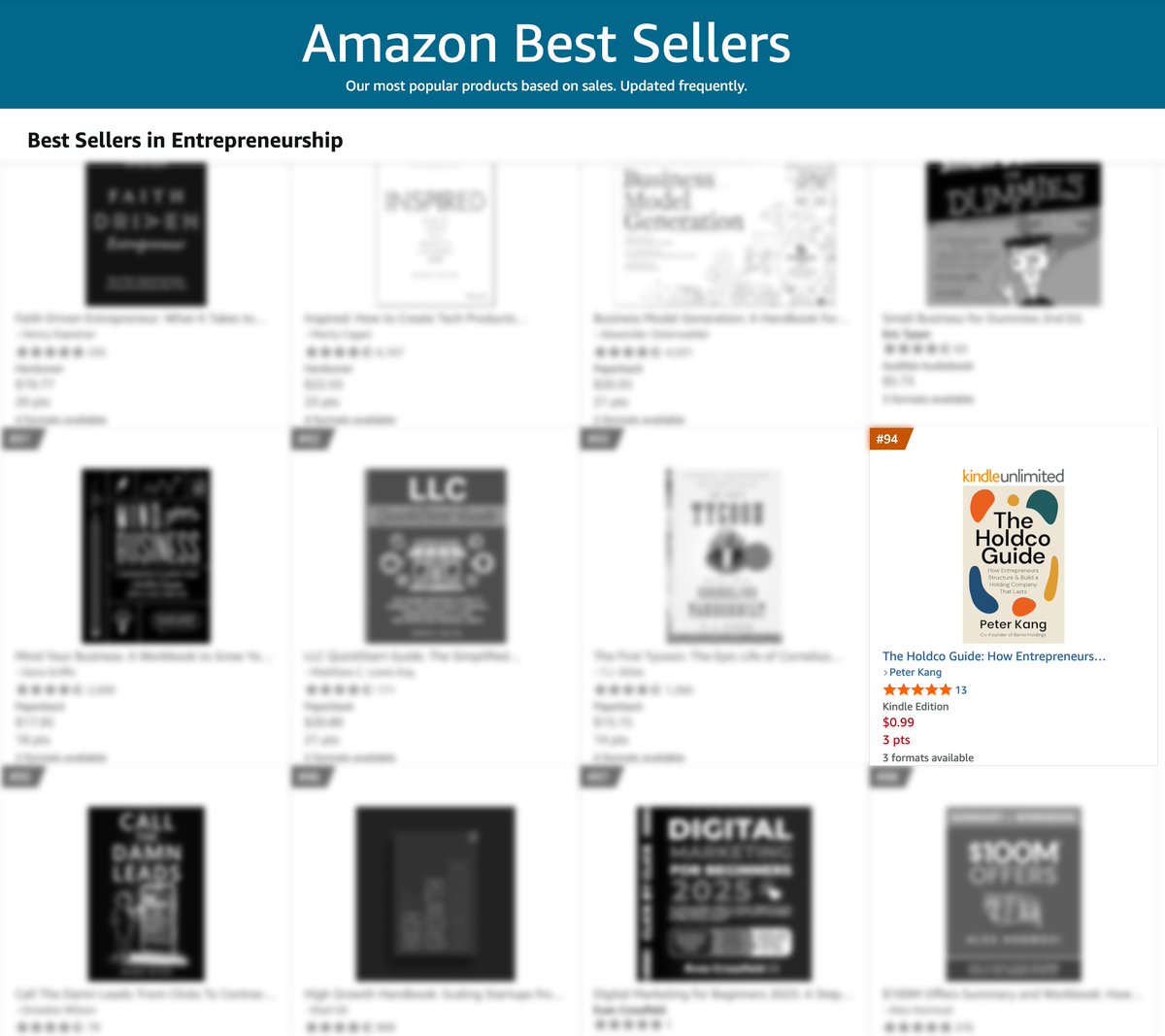 Look Ma, I cracked the top 100 for best sellers in entrepreneurship, alongside such classics as "Summary + Workbook Edition of $100M Offers" by Alex Hormozi.

"You making any money on the 99-cent Kindle sales?"

"Yeah, about 35 cents per. But it's not really about the money, it's