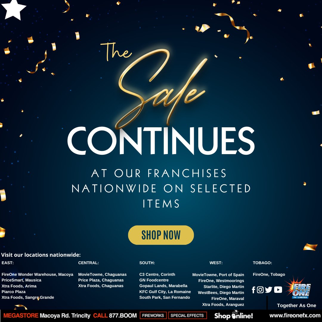 fireonefirework's tweet photo. The Sale Continues at our Franchises Nationwide with BOGO on selected items! 😁👏
Visit us today and take advantage of this steal of a deal....while stocks last! 💥
#CelebrateSafely #CountdownToMidnight #fireonefireworks #trinidadandtobago #fireworks https://t.co/coMhK6x2P6