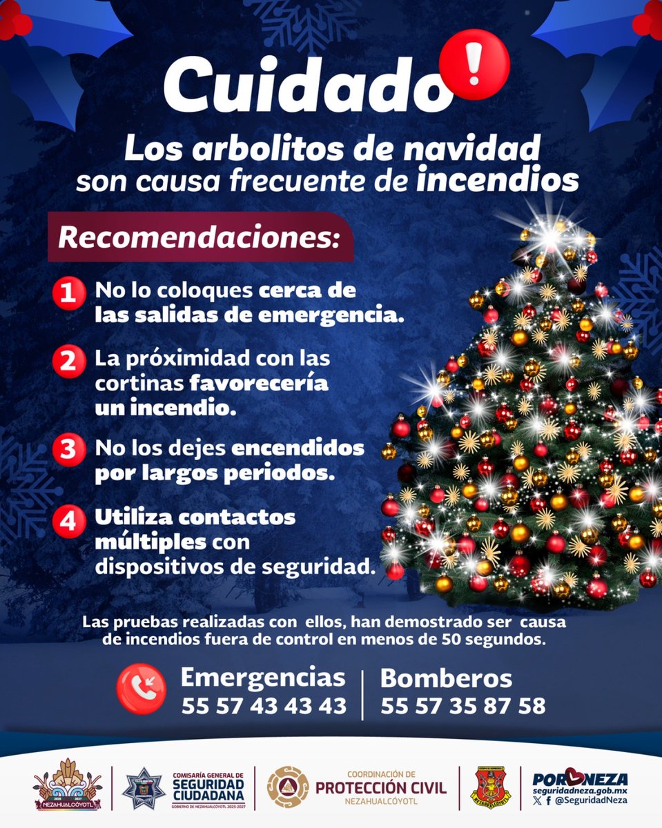 PrevencionNeza's tweet image. 🎄✨ Estas fiestas decembrinas, disfruta tu arbolito de Navidad con seguridad.
Revisa las luces antes de conectarlas, evita sobrecargar contactos y apaga el árbol al salir de casa o antes de dormir.
