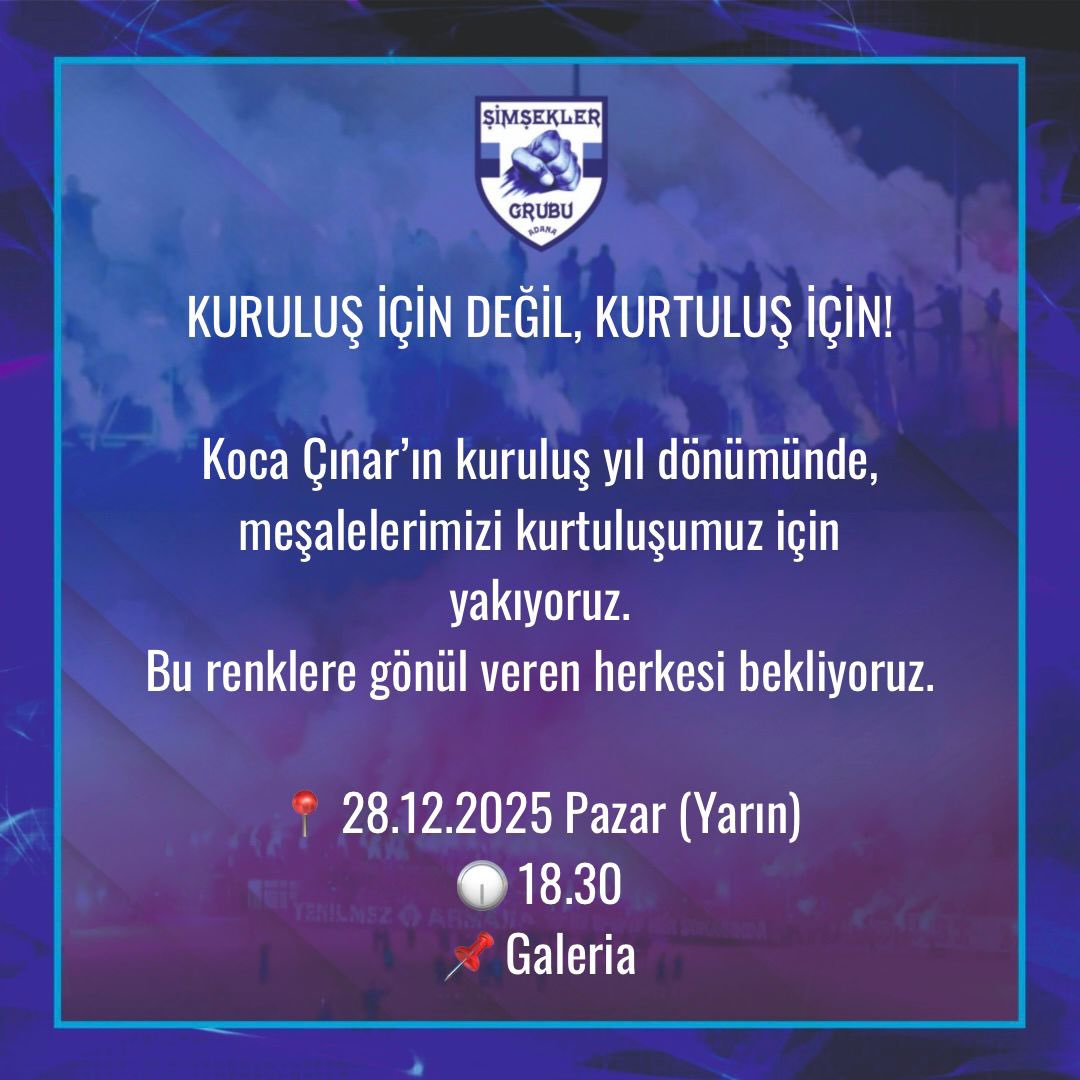 Halkin_Takimi's tweet image. KURULUŞ İÇİN DEĞİL, KURTULUŞ İÇİN!

Koca Çınar’ın kuruluş yıl dönümünde, meşalelerimizi kurtuluşumuz için yakıyoruz.
Bu renklere gönül veren herkesi bekliyoruz.

📍 28.12.2025 Pazar (Yarın)
🕡 18.30
📌 Galeria