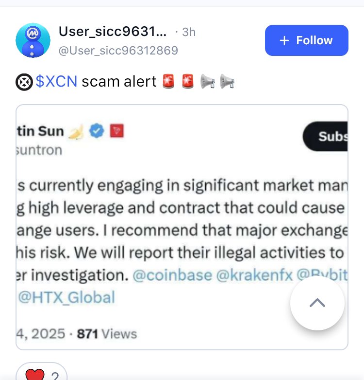 GSquire86's tweet image. A Scammer is creating fake posts about $XCN crypto token on #CoinMarketCap under the username User_sic96312869 pretending to be coming from Justin Sun, who has only posted once about Xcn online (Third image Jan 2025).

@justinsuntron 

#JustinSun
#XCN
#IC3