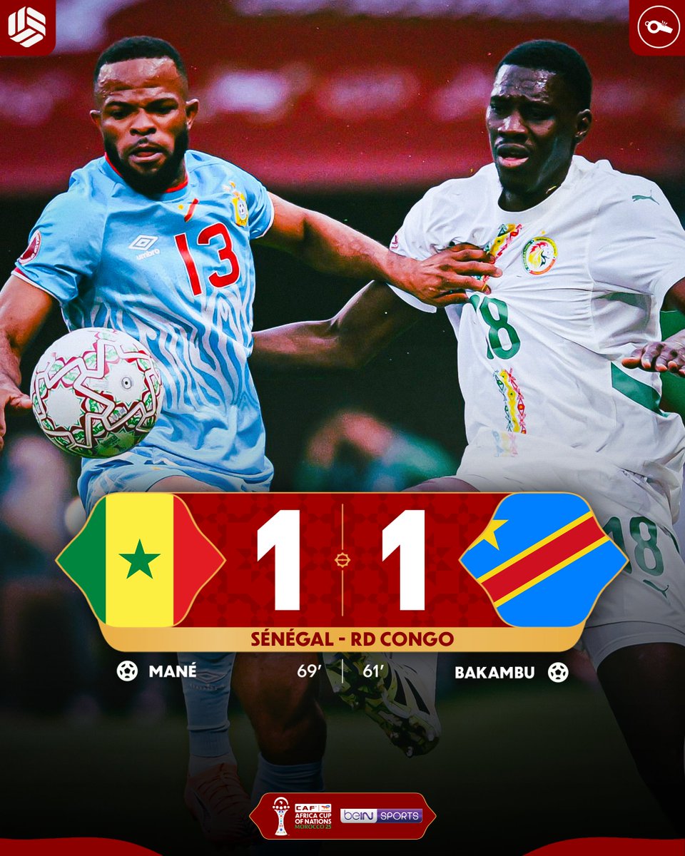 lnstantFoot's tweet image. ⏱️ 𝗧𝗘𝗥𝗠𝗜𝗡𝗘́ ! 𝗠𝗔𝗧𝗖𝗛 𝗡𝗨𝗟 𝗘𝗡𝗧𝗥𝗘 𝗟𝗘 𝗦𝗘́𝗡𝗘́𝗚𝗔𝗟 𝗘𝗧 𝗟𝗔 𝗥𝗗 𝗖𝗢𝗡𝗚𝗢 𝗨𝗡 𝗕𝗨𝗧 𝗣𝗔𝗥𝗧𝗢𝗨𝗧 ! 🇸🇳🤝🇨🇩

La RDC a bien failli piéger le Sénégal en ouvrant le score grâce à Bakambu ! 🫡

Mais Sadio Mané a égalisé 8 minutes plus tard pour permettre aux…