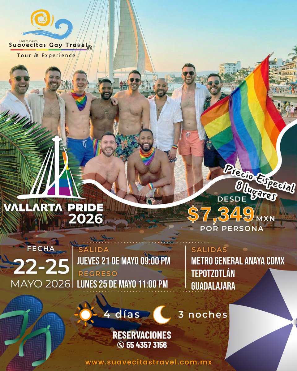 Es momento de reservar tu lugar al Gay Pride 2026 de Puerto Vallarta viajando con <a href="/SuavecitasGay/">Suavecitas Gay Travel</a>. Salidas desde CDMX, Tepotzotlán y Guadalajara 🏳️‍🌈
suavecitastravel.com.mx
