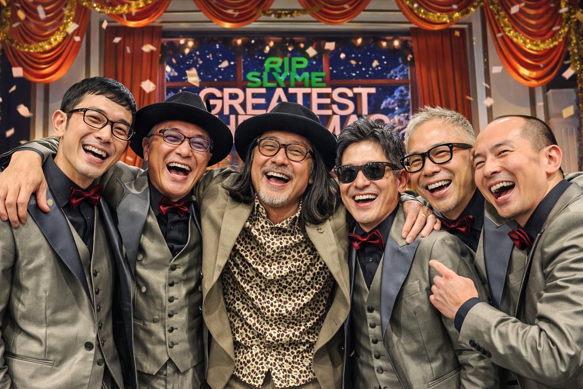 hmomok's tweet photo. RIP SLYMEのスーツ姿で記念写真を撮れてなかったので、AIにお願いして作ってもらった。

結果

全然知らないおじさん達と記念写真撮ってた。
#知らないおじさん #偽リップスライム #いや #これも #リップスライム https://t.co/4N0I85uniS
