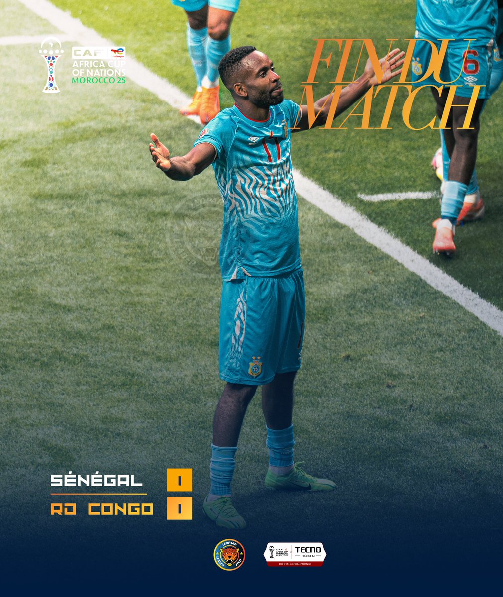 🇲🇦[𝑪𝑨𝑵 𝟐𝟎𝟐𝟓] La RDC🇨🇩 tient tête au Sénégal🇸🇳 !

Les Léopards🐆 ont fait douter les Lions de la Teranga🦁 mais le score de 1️⃣-1️⃣ reflète la physionomie du match dans son ensemble. 

Un bon point qui permet aux hommes de Desabre d'aller confiant face au Botswana !

#RDC |