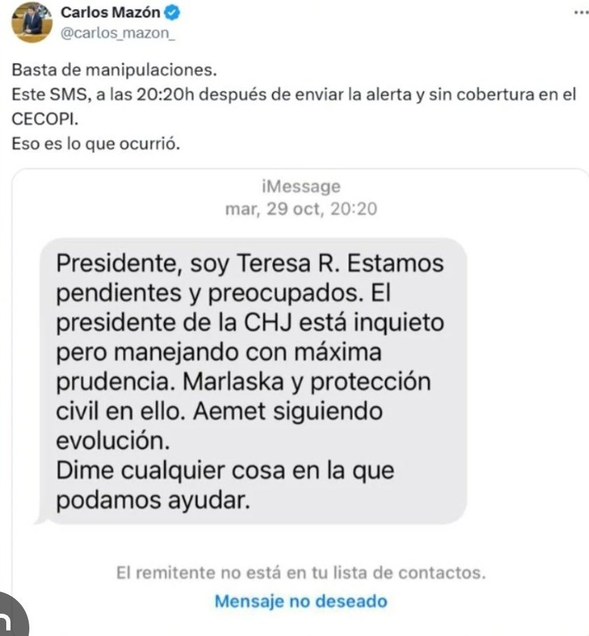 Vamos a poner contexto a este tuit, han pasado tantas cosas que algunas se nos olvidan.

Aquí nos contaba Mazón que la ministra <a href="/Teresaribera/">Teresa Ribera</a> le había enviado un sms, mientras estaba en el CECOPI, sin cobertura.

En ese momento sonó muy bien, pero es que resulta que no llegó al