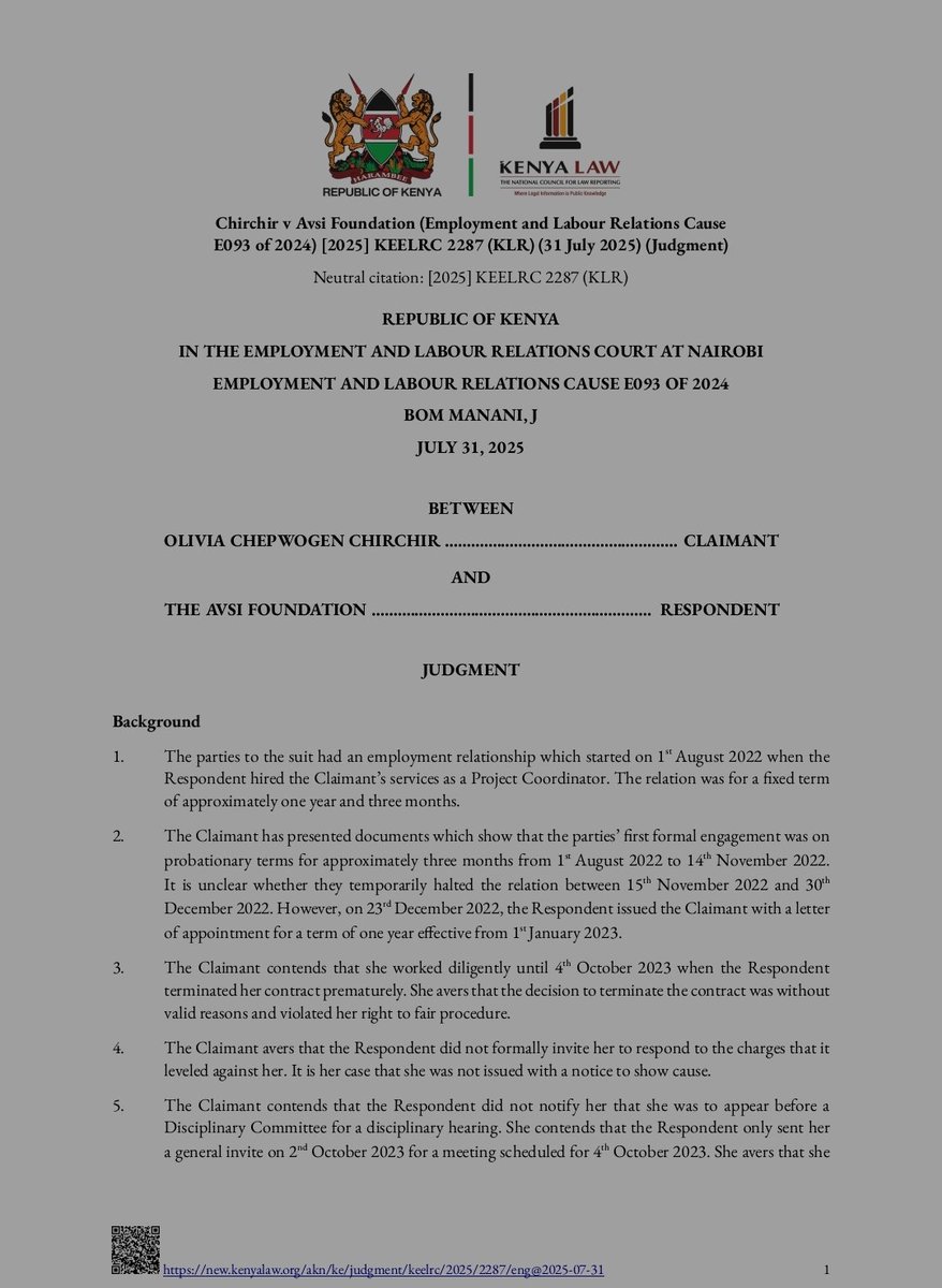 Thuranira_1's tweet photo. An employer ordered to pay a former Project Coordinator Ksh. 494,000 for wrongful and unfair dismissal after accusing her of being drunk at work. The employer claimed she returned from lunch intoxicated and unable to perform her duties, relying on staff accounts and internal disciplinary records to justify firing her.

However the court held that there was no real proof of intoxication because the employer did not bring any alcohol test, there were conflicting witness stories, and the disciplinary process that was plainly unfair. The employee was never given a proper notice to show cause and was called into a meeting without being told her job was on the line. 

If your employer claims that you're intoxicated,they must prove!