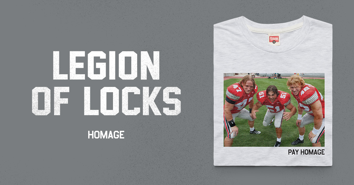 HOMAGE's tweet image. It’s a long hair club born from honor and respect. Buckeye legends: @OfficialAJHawk, @Bcarp3, @schlegelvellie, and @nickmangold. Pay homage to the Legion of Locks.

Available now exclusively at: homa.ge/LegionofLocks