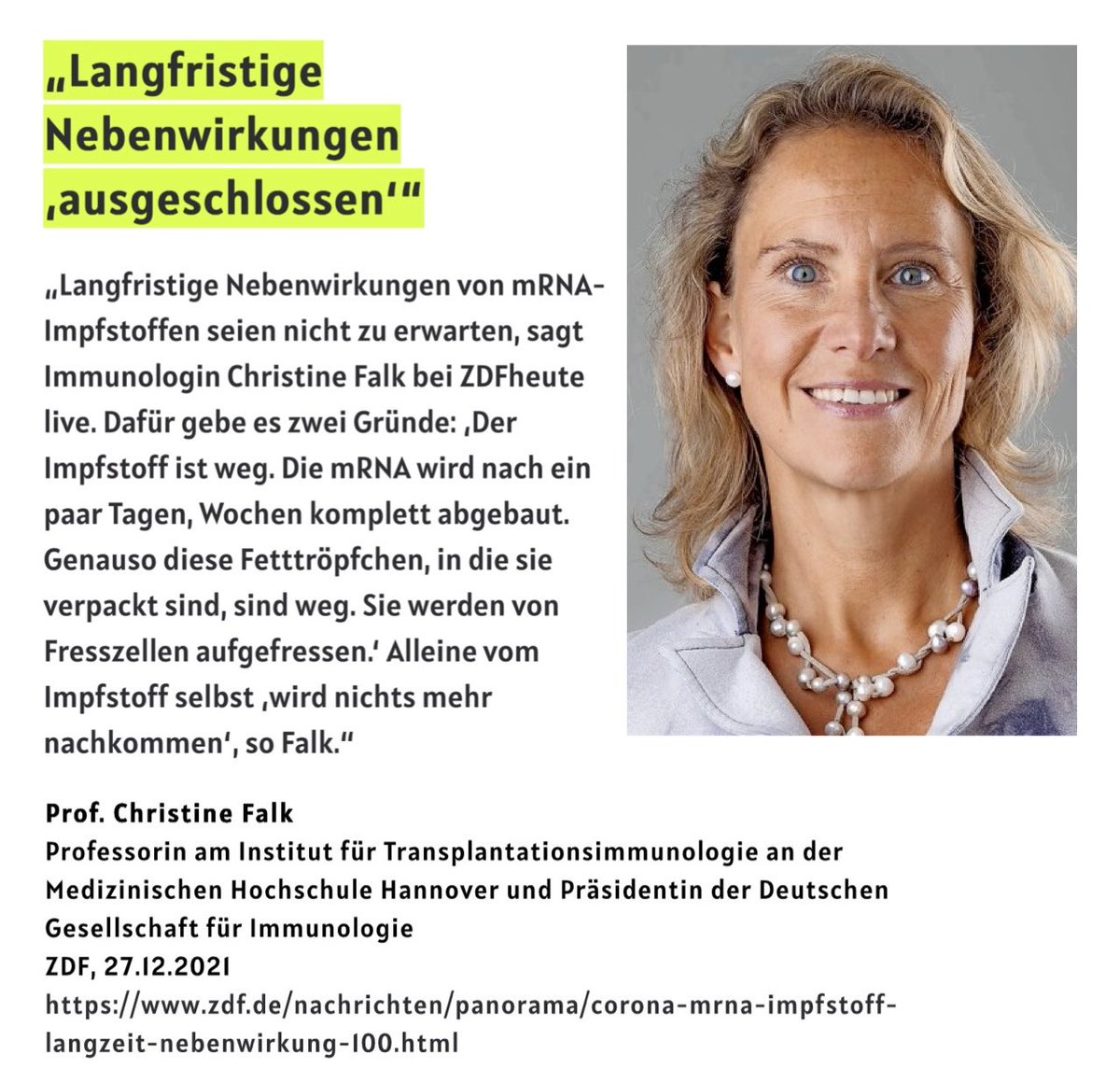 Tom_Bayou's tweet image. "Langfristige Nebenwirkungen von mRNA-Impfstoffen seien nicht zu erwarten, sagt Immunologin Christine Falk (…) Der Impfstoff ist weg. Die mRNA wird nach ein paar Tagen, Wochen komplett abgebaut."

27.12.2021 #RichtigErinnern
