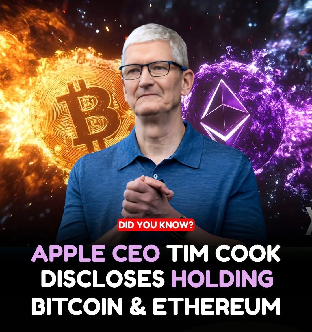 🚨🚨Apple CEO Tim Cook confirmed he personally holds Bitcoin and Ethereum,  describing them as part of a diversified portfolio. The disclosure was  happened during a public discussion, saying he has been interested