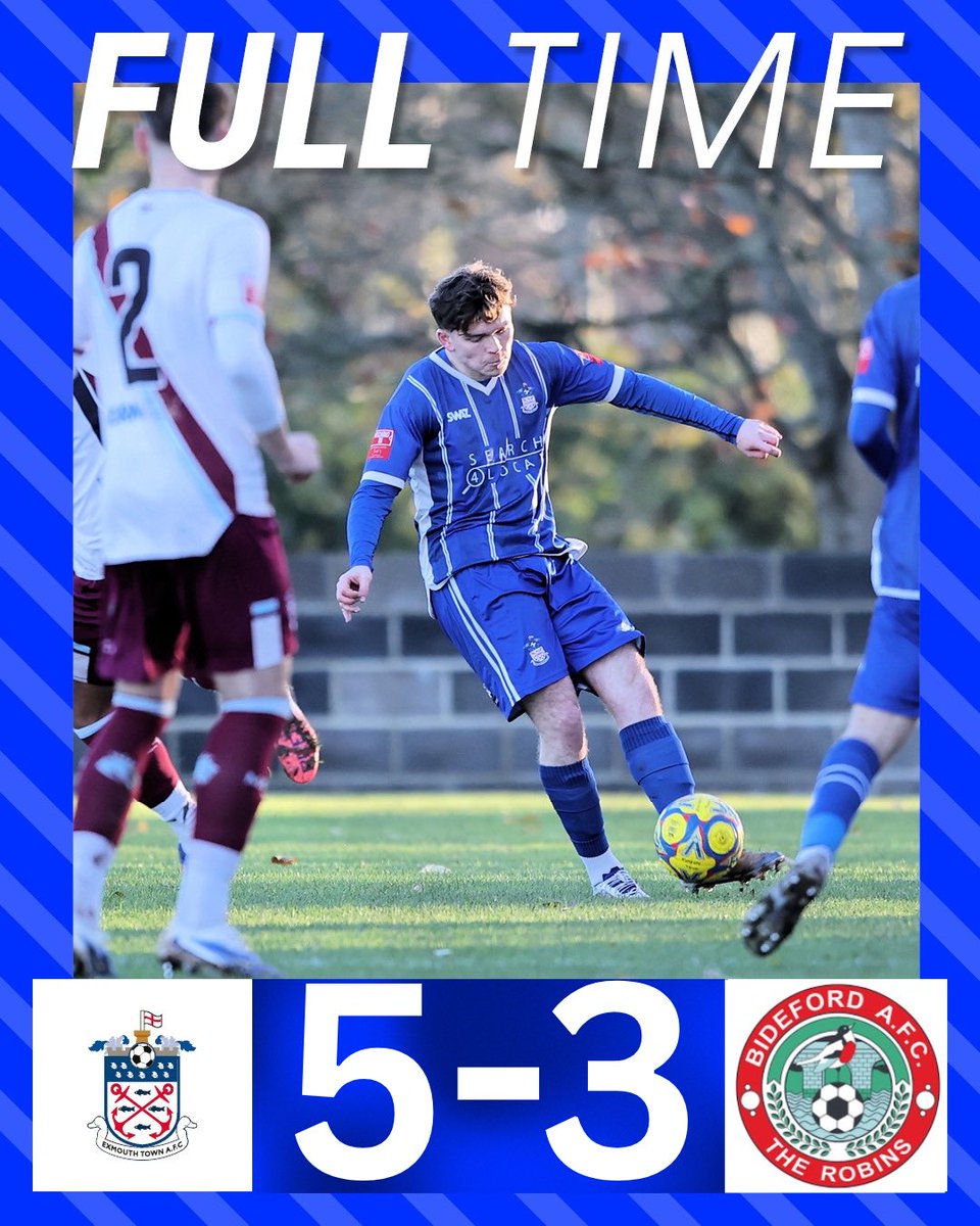 ExmouthTown_FC's tweet image. FULL TIME: #ExmouthTownFC 5️⃣-3️⃣ @BidefordAFC 

The perfect way to end the year 🤩