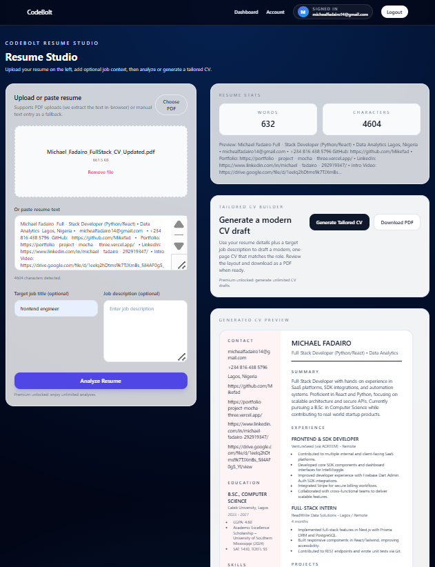 360_Mike_'s tweet photo. Shipped a solid upgrade to CodeBolt Resume Studio ⚡

It’s no longer just a resume analyzer — it now builds tailored CVs.
https://t.co/ez85aEMFNH https://t.co/BURZ9PPhrO