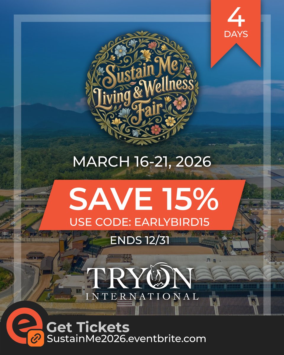 sustainmeliving's tweet photo. Join us March 16-21 at Tryon International Resort for the Sustain Me Living & Wellness Fair featuring Barbara O'Neill. ONLY 4 DAYS until the 15% discount is gone! Use code EARLYBIRD15 by 12/31. For tickets: https://t.co/G9C2GGfSZY.
#SustainMe #BarbaraOneillEvent #TryonResort https://t.co/83CkNVvu12