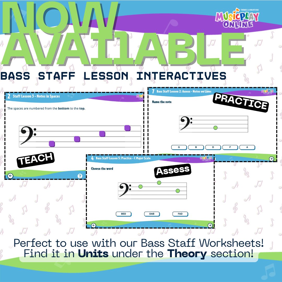 Teach. Practice. Assess. 
Our new Bass Staff Lesson Interactives are ready to use in your classroom! Find them under theory on MusicplayOnline! 🎵🎶

#musicplay #musiced #musicplayonline