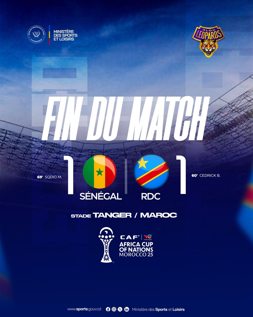 Fin du match ⏱️

Merci aux Léopards 🐆 pour l’engagement et le combat livré sur le terrain.
Merci au Bloc pour le soutien, du début à la fin 🇨🇩🙌🏾

Le regard est déjà tourné vers le prochain match,
celui de la qualification 🔥🔥🔥

#BlocLéopards #AFCON2025 #RDC #Team243