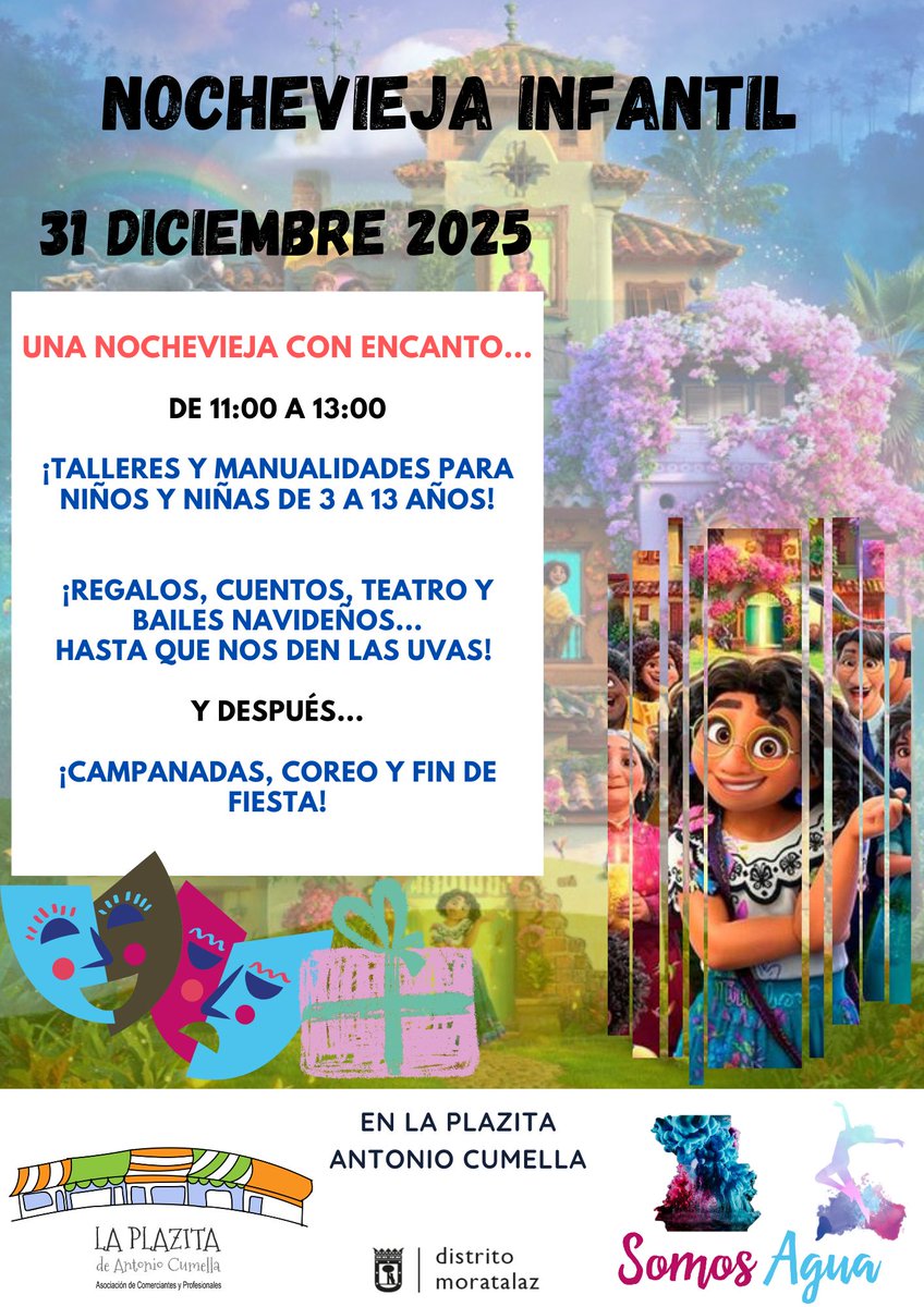 👉 Por quinto año organizamos el evento más esperado para l@s peques de #moratalaz! ¡La... ¡¡¡NOCHEVIEJA INFANTIL!!! 🎉🎊🎆👧el 31 de dic en la PlaZita Antonio Cumella a partir de las 11h, este año ambientada en la fantástica película ENCANTO!
¡GRATUITO, VENID CON ABRIGO! ☃️