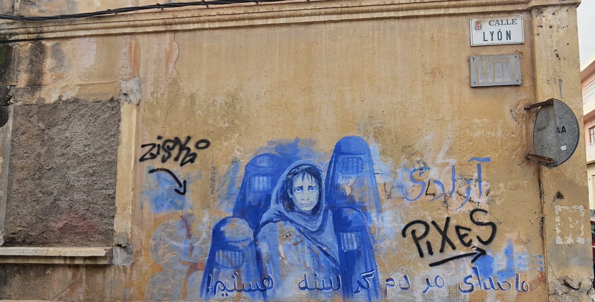 Calle Lyon en Almería.  Es un magnífico mural, como protesta  ante la situación de las mujeres en Afganistán.  Antes de que se pierda, dejamos constancia de su existencia.