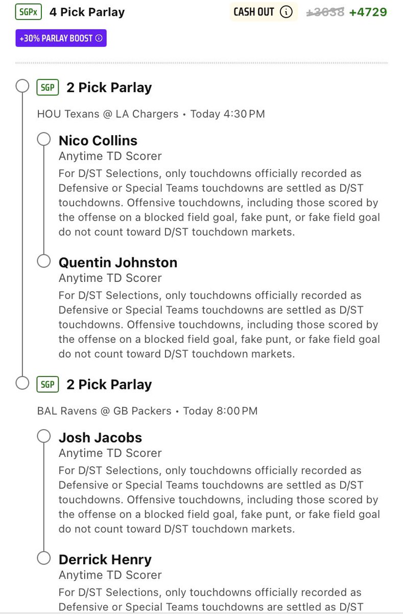 🚨 Saturday NFL Touchdown Parlay 🚨

🏈 Nico Collins
🏈 Quentin Johnston
🏈 Josh Jacobs
🏈 Derrick Henry

+4729 with DK TD Boost

#GamblingTwitter #GamblingX #FreeBet #NFLProps #NFLPicks #PlayerProps