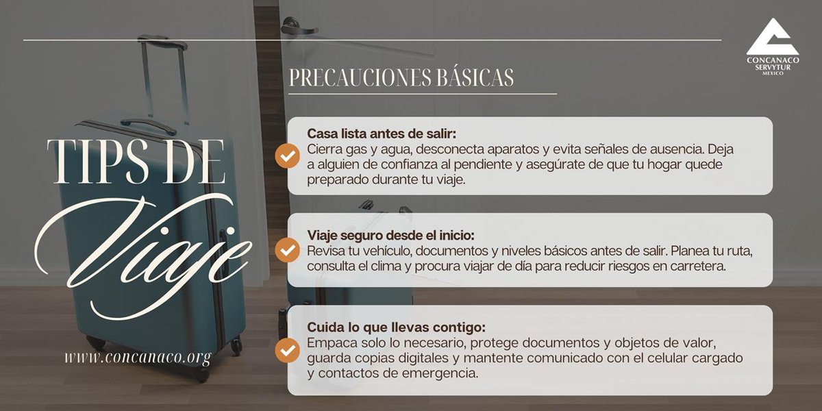 CONCANACO's tweet image. #TipsDeViaje ✈️🧳
Antes de salir, viaja con tranquilidad 
Un buen viaje comienza con la prevención: deja tu casa lista, revisa tu ruta y cuida lo que llevas contigo.
Pequeñas acciones hacen una gran diferencia para disfrutar el camino con seguridad.
Planea, prevé y disfruta tu