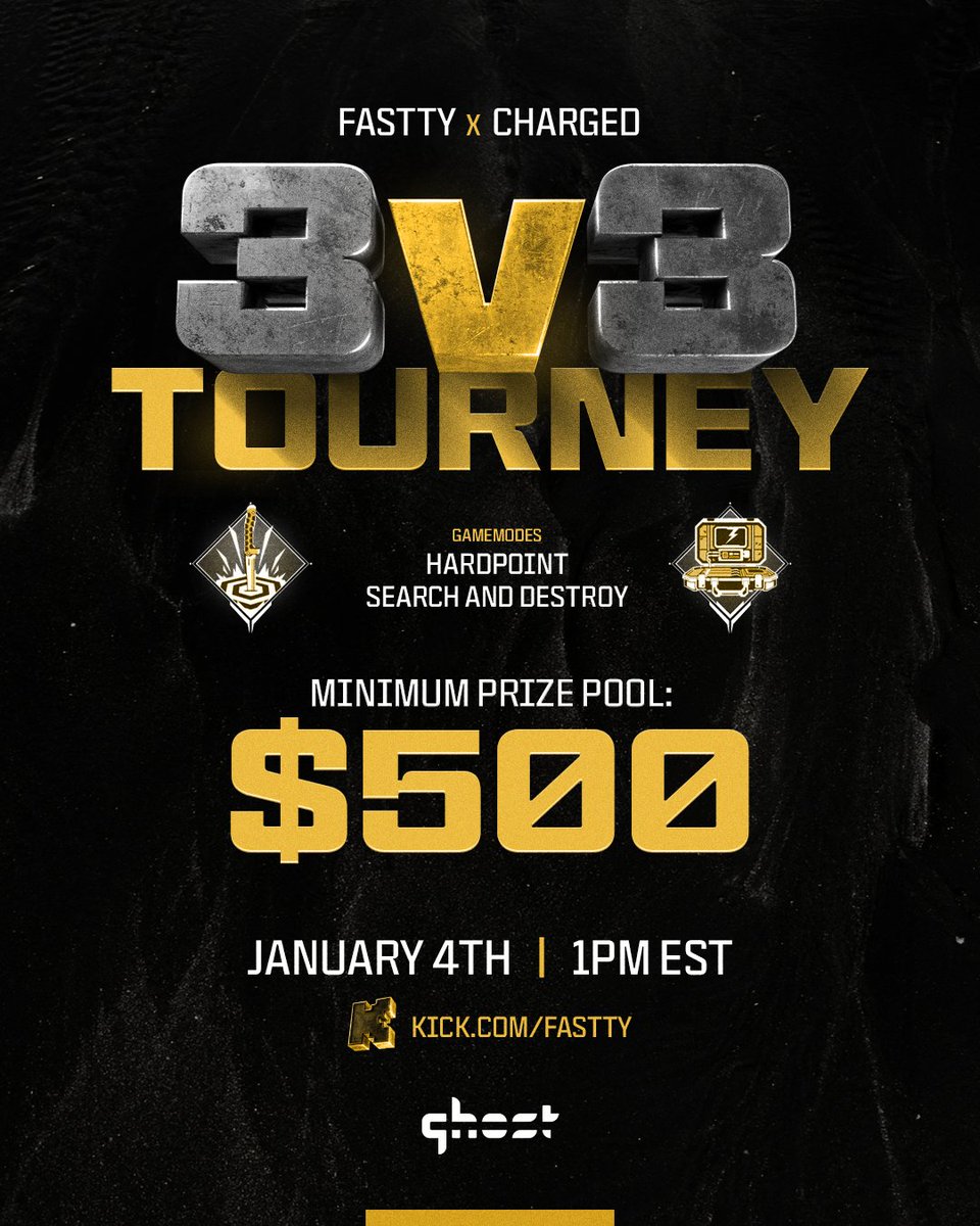 FASTTY X CHARGED 3V3 TOURNAMENT 

- 16 Teams👀
- $500 Starting Prize 💸
- 50% Of Gifted Adds To Prize Pool 💰
- January 4th 1PM EST 📆
- Kick/Fastty 🟩
- DM me to sign up with your team 👻