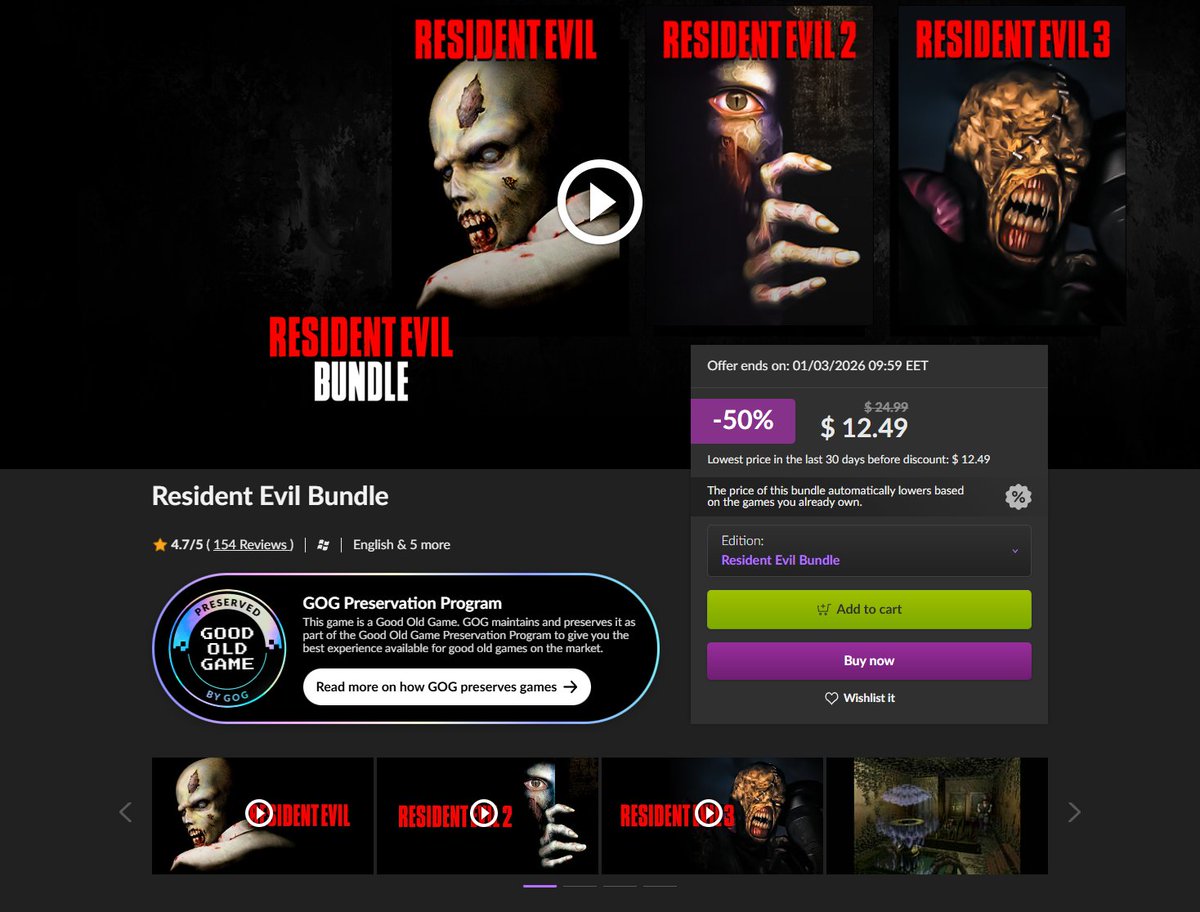 Wario64's tweet photo. Resident Evil Bundle (RE1+2+3 OG) is $12.49 on GOG (preservation program) https://t.co/b4bcydHkrI https://t.co/WdRUuyVsJB