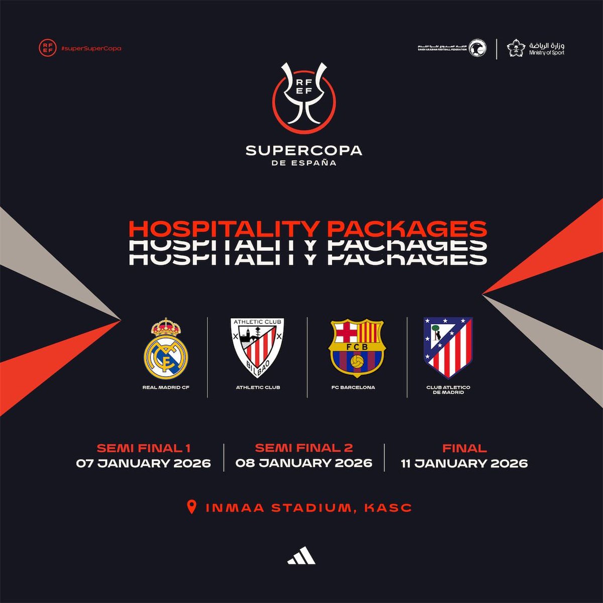 BabyBodyProject's tweet image. متوفره تذاكر مباريات كأس السوبر الإسباني في جدة 

- مباراة نصف النهائي برشلونة وأتليتكو بيلباو 
- مباراة نصف النهائي ريال مدريد و أتليتكو مدريد 
_مباراة نهائي كأس السوبر الاسباني متوفره 

احجزوا تذاكركم الآن عبر الرابط مثبت بالبايو📲
