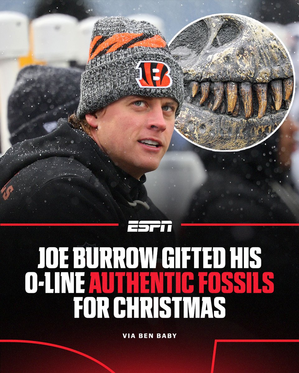 espn's tweet image. Joe Burrow loves fossils ❤️

He gifted his offensive linemen authentic dinosaur, bear and mammoth fossils for Christmas 🎄 

More from @Ben_Baby ➡️ spr.ly/6013CjzfB
